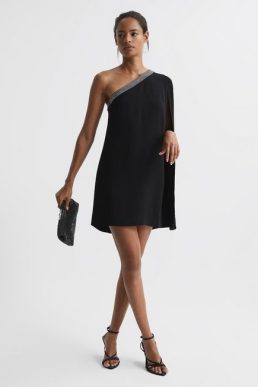Reiss Marlene One Shoulder Embellished Mini Dress Black