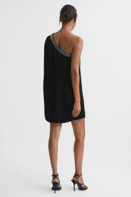 Reiss Marlene One Shoulder Embellished Mini Dress Black