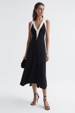 Reiss Autumn Colourblock V-Neck Midi Dress Black White