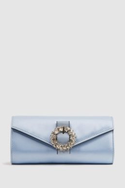 Reiss Delphine Diamanté Buckle Satin Clutch Powder Blue