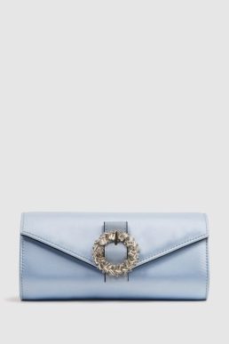 Reiss Delphine Diamanté Buckle Satin Clutch Powder Blue