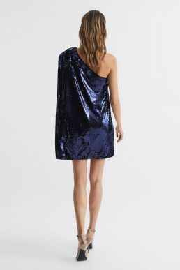 Reiss Eva Sequin Cape One Shoulder Mini Dress Blue