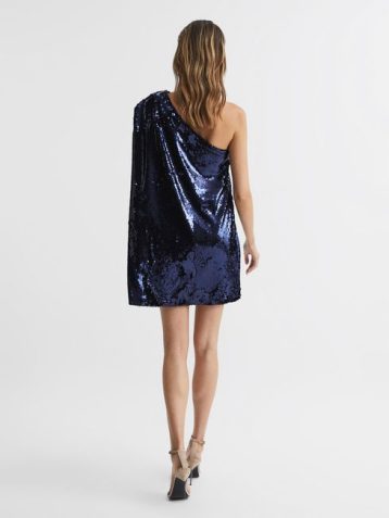 Reiss Eva Sequin Cape One Shoulder Mini Dress Blue