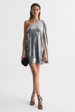 Reiss Eva Sequin Cape One Shoulder Mini Dress Silver