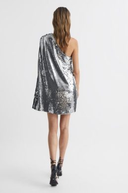 Reiss Eva Sequin Cape One Shoulder Mini Dress Silver