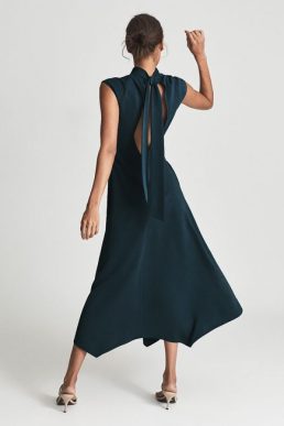 Reiss Livvy Open Back Midi Dress Dark Green