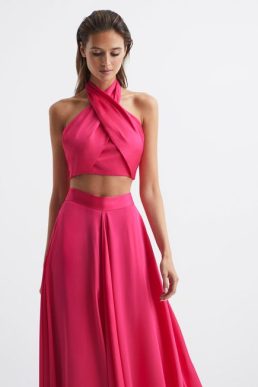 Reiss Ruby Cropped Halter Occasion Top Bright Pink