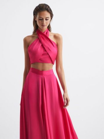 Reiss Ruby Cropped Halter Occasion Top Bright Pink