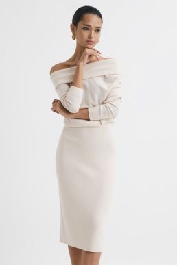 Reiss Sutton Off Shoulder Knitted Dress Off White