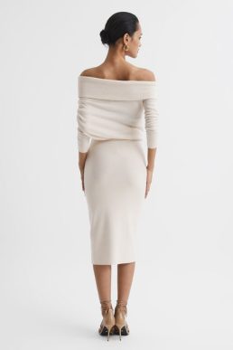 Reiss Sutton Off Shoulder Knitted Dress Off White