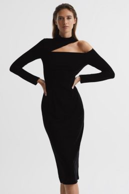 Reiss Tatiana Velvet Cut-Out Shoulder Dress Black