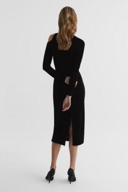 Reiss Tatiana Velvet Cut-Out Shoulder Dress Black