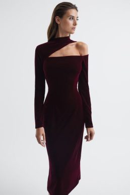 Reiss Tatiana Velvet Cut-Out Shoulder Dress Burgundy