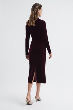 Reiss Tatiana Velvet Cut-Out Shoulder Dress Burgundy