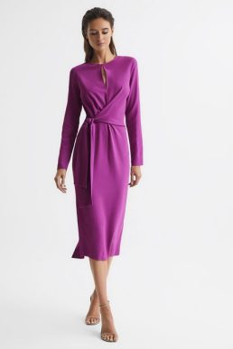 Reiss Valentina Tie Waist Bodycon Midi Dress Purple