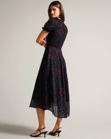 Ted Baker Daniaa Butterfly Print A-line Midi Dress Black Red