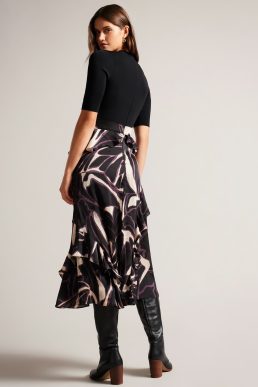 Ted Baker Serepha Fitted Knit Bodice Dress With Ruffle Skirt Black ivory