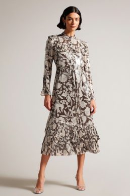 Ted Baker Vikkci Ruffle Detail Midi Shirt Dress Brown Ivory