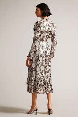 Ted Baker Vikkci Ruffle Detail Midi Shirt Dress Brown Ivory