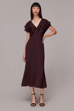 Whistles Adeline Frill Midi Bridesmaid Dress Aubergine