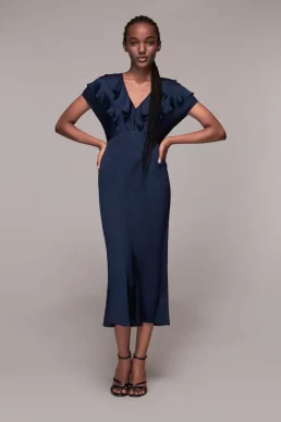 Whistles Adeline Frill Midi Bridesmaid Dress Navy Blue