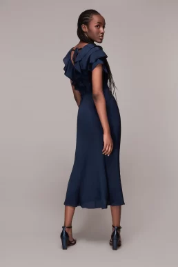 Whistles Adeline Frill Midi Bridesmaid Dress Navy Blue