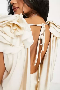 ASOS LUXE satin corsage plunge neck wide leg jumpsuit in champagne