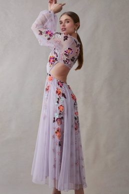 Coast Balloon Sleeve Open Back Floral Embellished Midi Dress lilac Multi