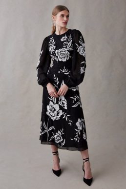 Coast Blooming Marigold Embroidered Midi Dress Black White