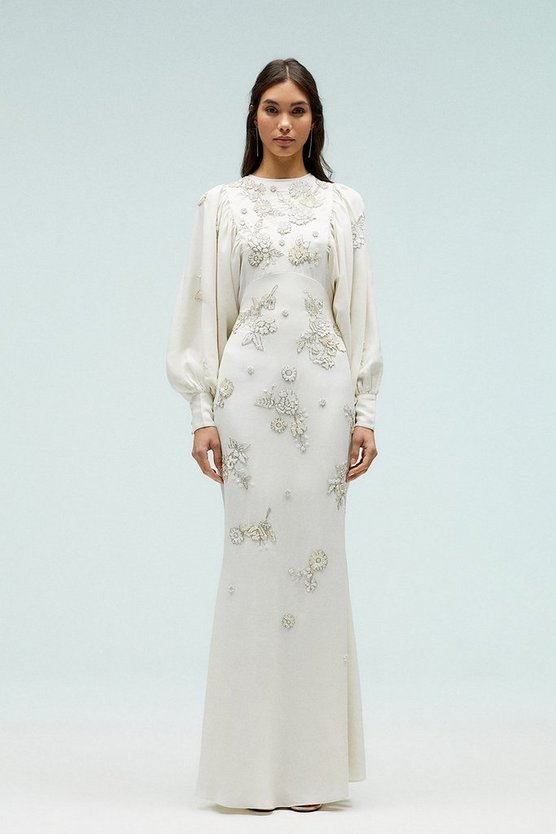 Coast Premium Beadwork Drop Sleeve Fishtail Dress, Ivory