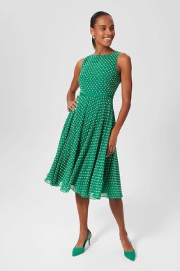 Hobbs Della Spot Fit and Flare Dress Green White