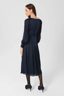 Hobbs Isabella Satin Pleated Dress navy Blue