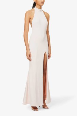 HOUSE OF CB Juliette halter-neck split-hem stretch-woven maxi