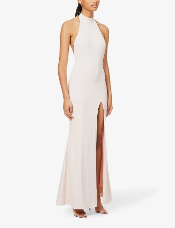 HOUSE OF CB Juliette halter-neck split-hem stretch-woven maxi