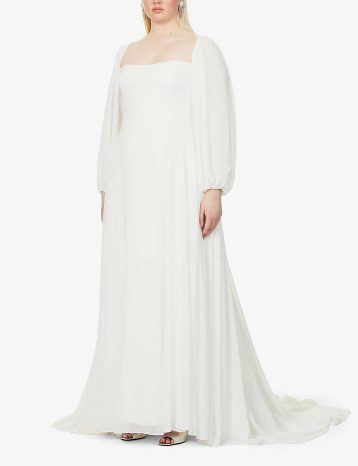 Jenny Yoo Louise puffed-sleeve crepe gown Ivory