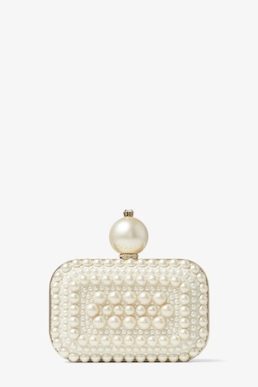 Jimmy Choo Micro Cloud White Suede Clutch Bag with All-Over Pearl Embellishment