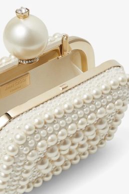 Jimmy Choo Micro Cloud White Suede Clutch Bag with All-Over Pearl Embellishment