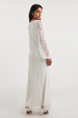 Joanna Hope Beaded Bridal Sheer Sleeve Maxi Dress Ivory