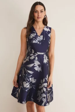Phase Eight Cassy Floral Jacquard Dress Navy Silver