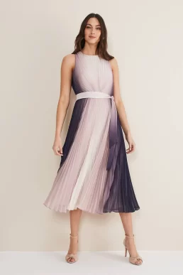 Phase Eight Simara Ombre Pleated Dress Latte Navy Blue