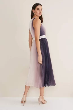 Phase Eight Simara Ombre Pleated Dress Latte Navy Blue