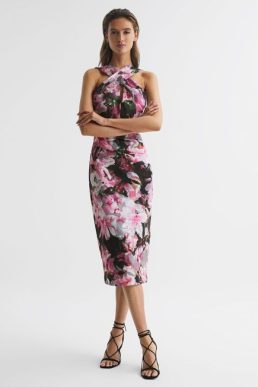 Reiss Ella Floral Print Halter Midi Dress Pink Black Multi