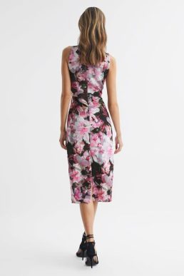 Reiss Ella Floral Print Halter Midi Dress Pink Black Multi