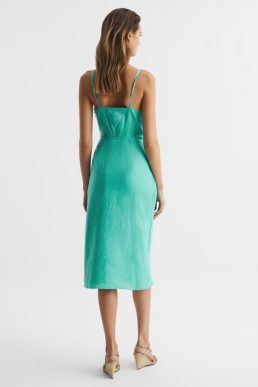 Reiss Esme Linen Side Tie Midi Dress Aqua Green