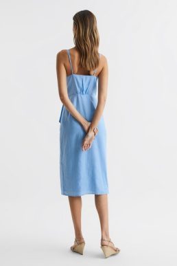 Reiss Esme Linen Side Tie Midi Dress Blue