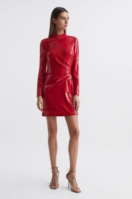 Reiss Halston Emely Sequin Mini Dress Red