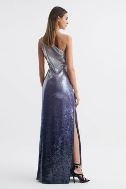 Reiss Halston Tiana Cold Shoulder Ombre SequinMaxi Gown Blue silver