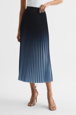 Reiss Marlie Ombre Pleated Midi Skirt Navy Blue