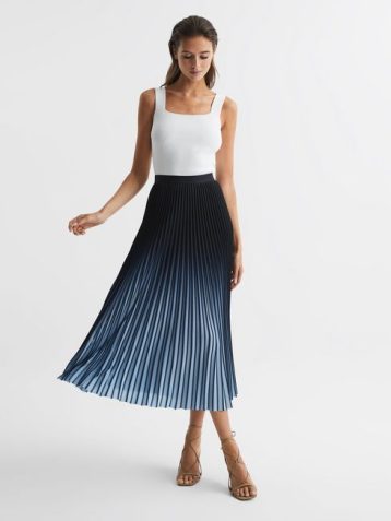 Reiss Marlie Ombre Pleated Midi Skirt Navy Blue