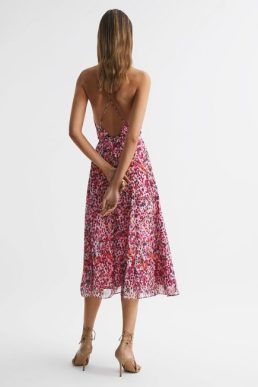 Reiss Pippa Floral Printed Midi Dress Pink Multi